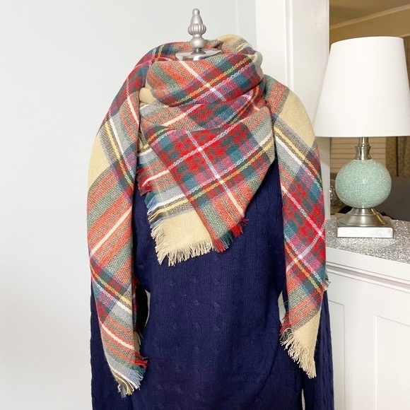 Tartan Plaid Red Tan & Green Oversized Square Blanket Scarf - Picture 4 of 10